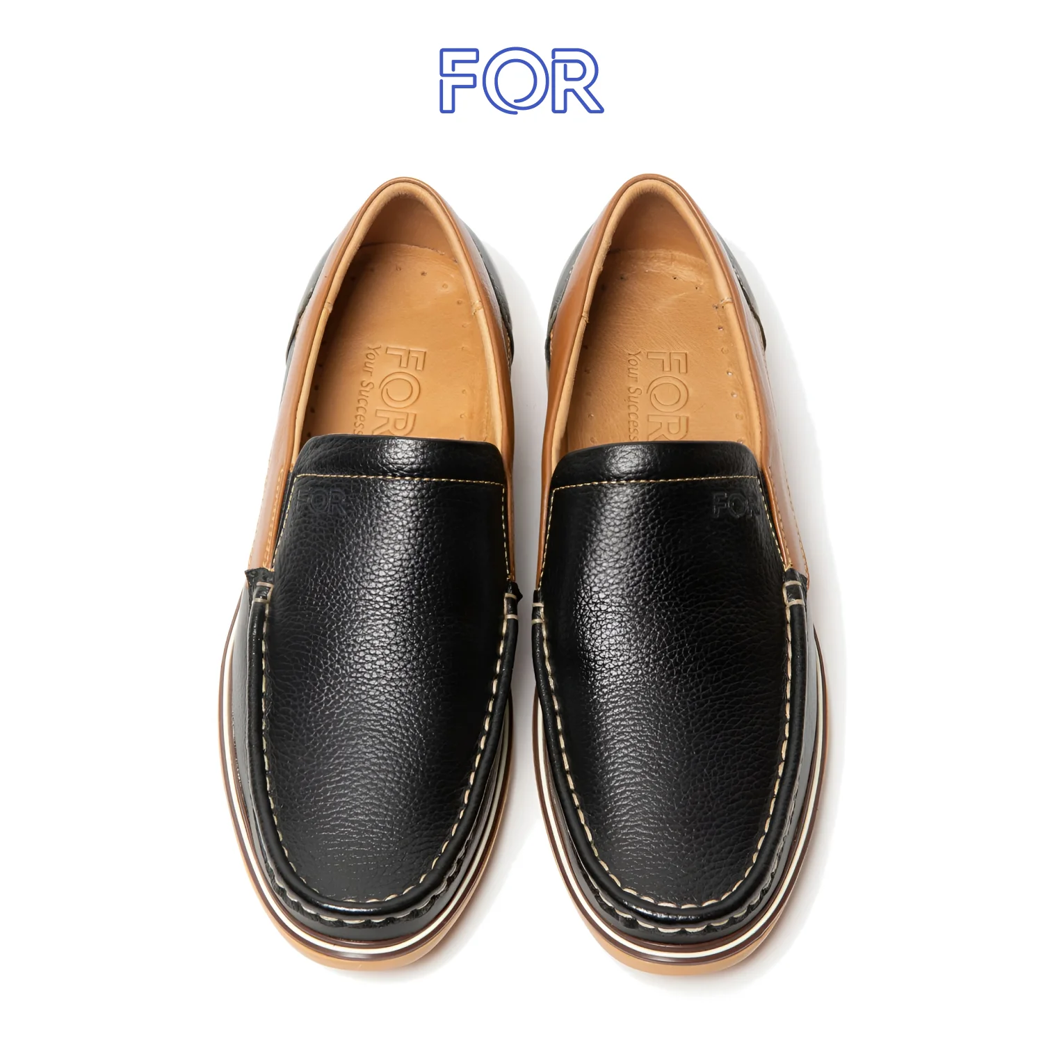 GIÀY SLIP-ON DA BÒ MÀU ĐEN ĐẾ NÂU F06