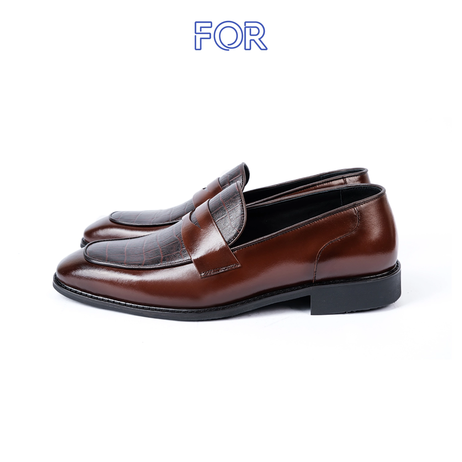 GIÀY PENNY LOAFER DA BÒ VÂN CÁ SẤU  MÀU NÂU SẬM PLF27