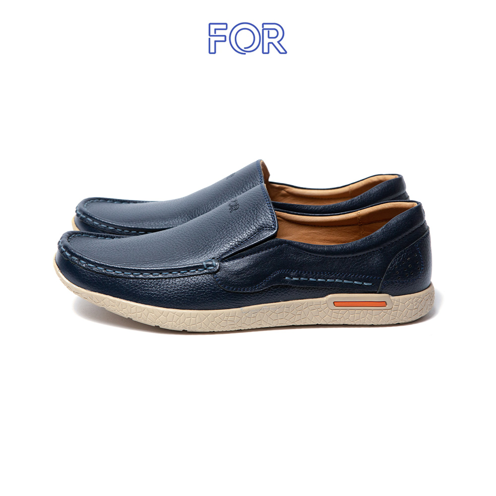 GIÀY SLIP-ON DA BÒ MÀU XANH NAVY ĐẾ NÂU F04