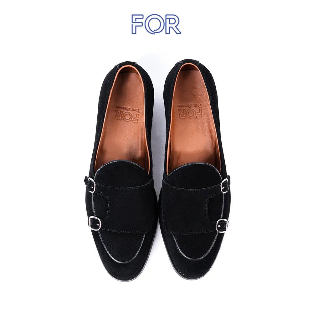 GIÀY LƯỜI DOUBLE BUCKLE LOAFER  DA LỘN MÀU ĐEN MLF05