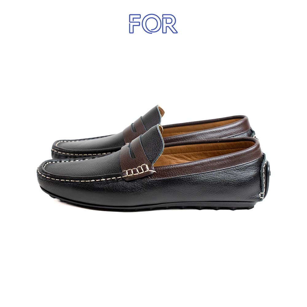 Giày lười Moccasin da bò Mill đai da màu nâu viên chỉ trắng MF01