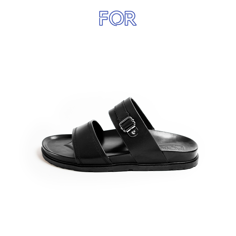 DÉP HAI QUAI NGANG DA BÒ CÓ VIỀN CHỈ MÀU ĐEN DHQ15