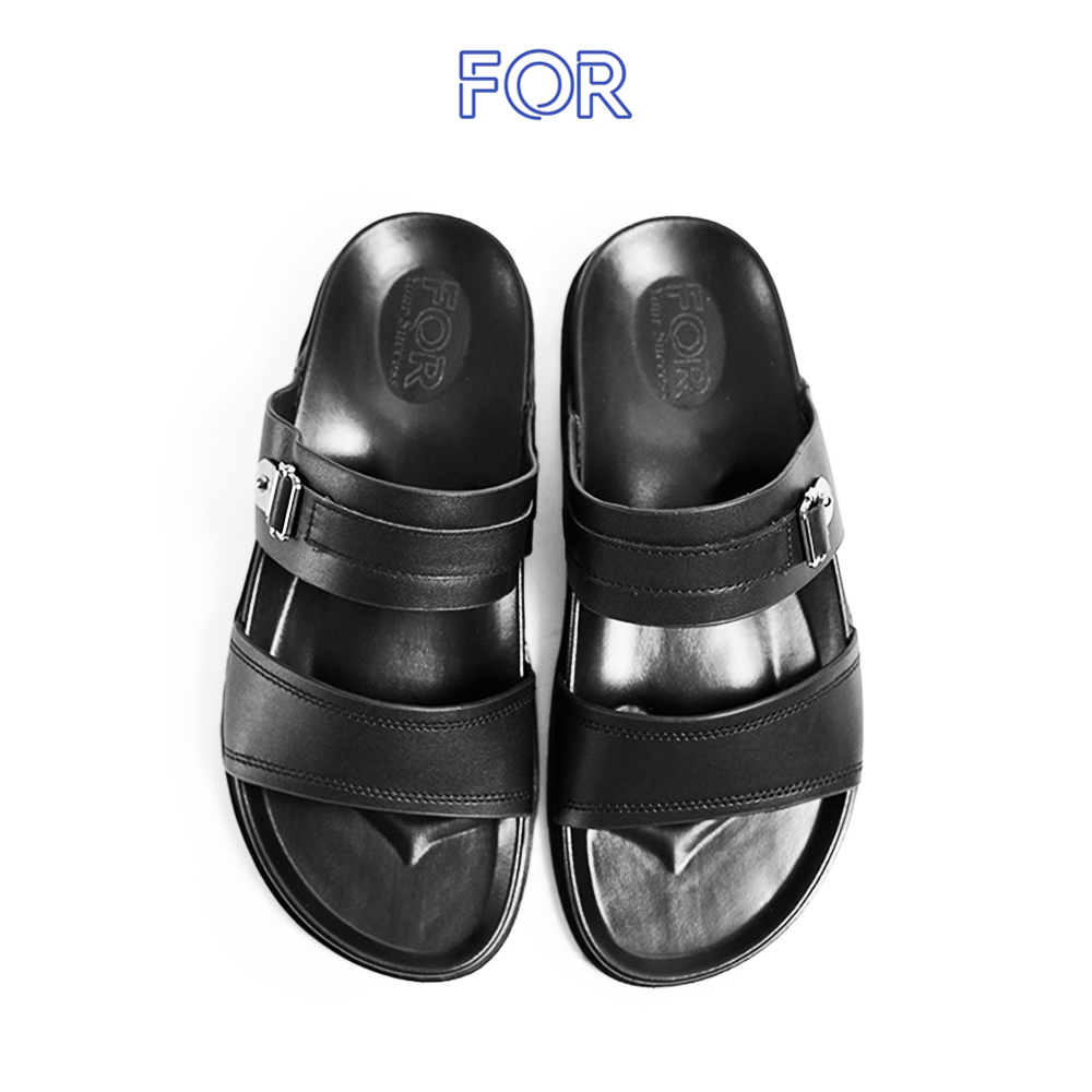 DÉP HAI QUAI NGANG DA BÒ CÓ VIỀN CHỈ MÀU ĐEN DHQ15